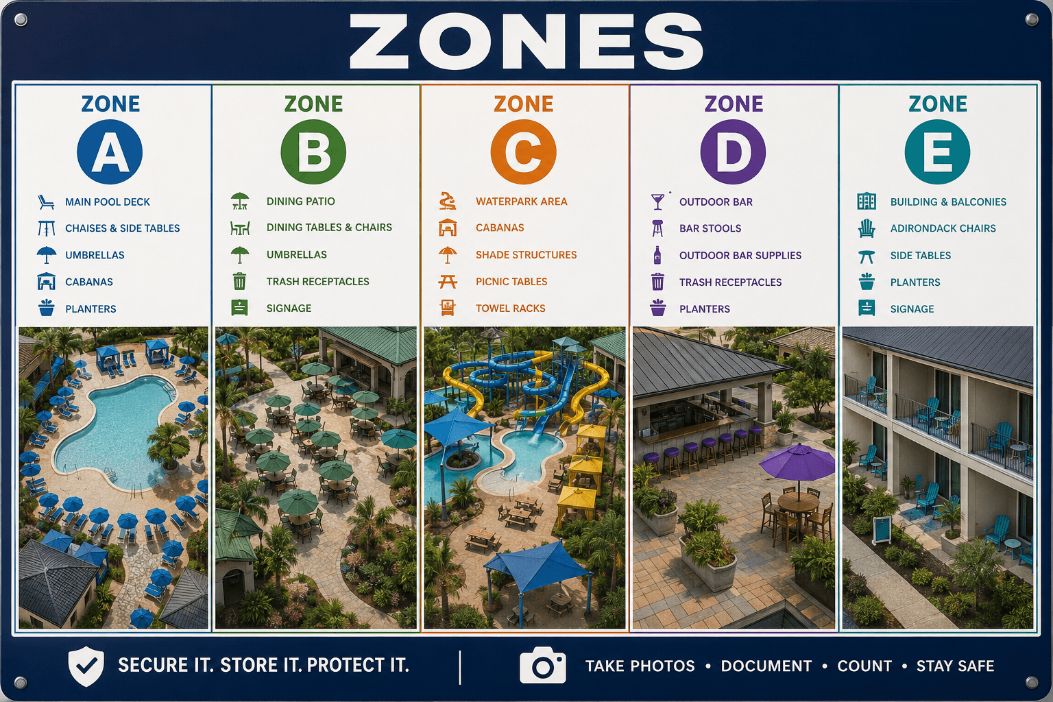 Natural disaster preparedness zones organizing outdoor furniture and amenities across a commercial resort, pool deck, waterpark, and patio